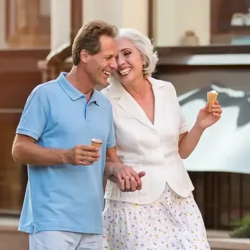 Man and woman walking down the street, holding ice cream cones in their hands and In the background
